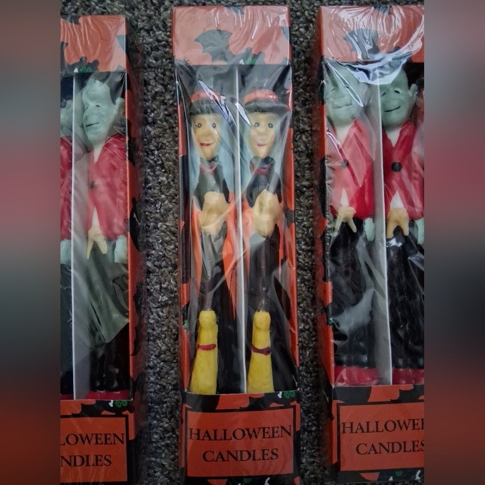 Vintage 1996 Halloween Themed Taper Candle Sticks 3 Pc With & Frankenstein